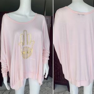 Never worn peace love world hamsa scrunch sleeve retro yoga tunic baby pink XS